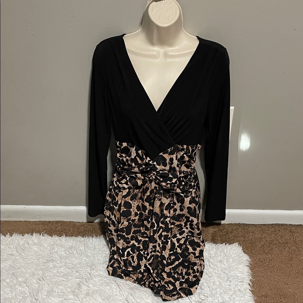 VENUS Black and Brown Animal Print Long Sleeve Dress